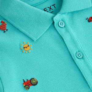 Blue All Over 100% Cotton Embroidered Short Sleeve Polo Shirt (3mths-5-6yrs)