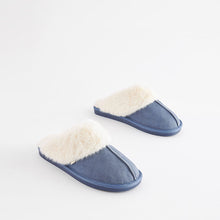 Load image into Gallery viewer, Denim Blue Suede Faux Fur Lined Mule Slippers
