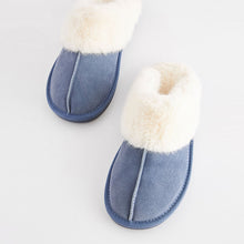 Load image into Gallery viewer, Denim Blue Suede Faux Fur Lined Mule Slippers
