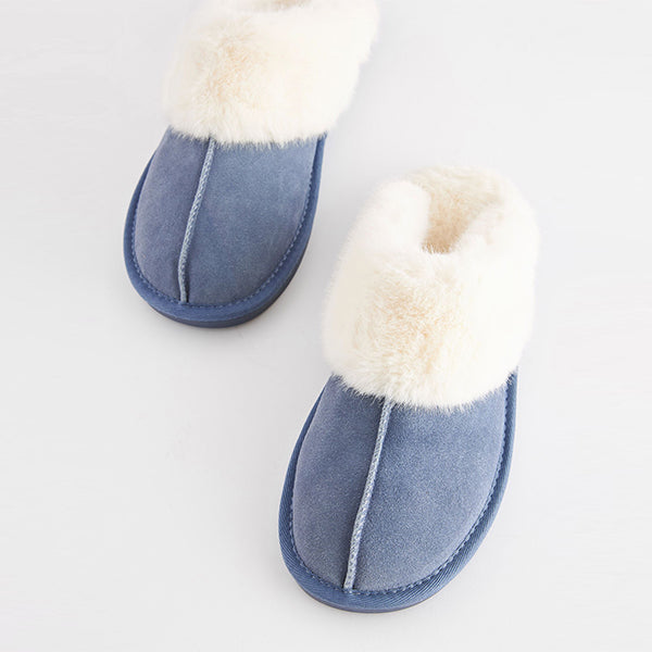 Denim Blue Suede Faux Fur Lined Mule Slippers