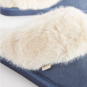 Denim Blue Suede Faux Fur Lined Mule Slippers