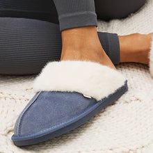 Load image into Gallery viewer, Denim Blue Suede Faux Fur Lined Mule Slippers
