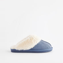 Load image into Gallery viewer, Denim Blue Suede Faux Fur Lined Mule Slippers
