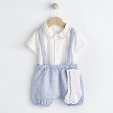 Load image into Gallery viewer, Pale Blue Smart Shirt, Shorts And Socks With Linen 3 Piece Set (0mths-12-18mt)
