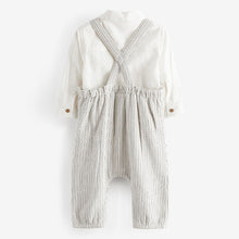 Load image into Gallery viewer, Grey/White Cotton/Linen Mix Baby Woven Dungarees And Shirt Set (0mths-12-18mt)
