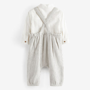 Grey/White Cotton/Linen Mix Baby Woven Dungarees And Shirt Set (0mths-12-18mt)