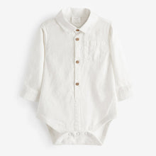 Load image into Gallery viewer, Grey/White Cotton/Linen Mix Baby Woven Dungarees And Shirt Set (0mths-12-18mt)
