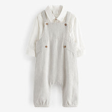 Load image into Gallery viewer, Grey/White Cotton/Linen Mix Baby Woven Dungarees And Shirt Set (0mths-12-18mt)
