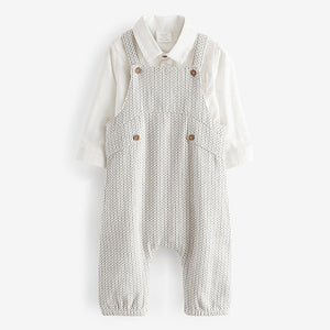 Grey/White Cotton/Linen Mix Baby Woven Dungarees And Shirt Set (0mths-12-18mt)