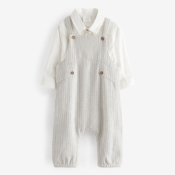 Grey/White Cotton/Linen Mix Baby Woven Dungarees And Shirt Set (0mths-12-18mt)