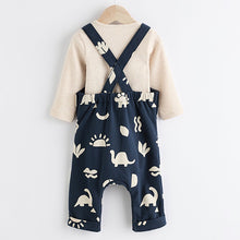 Load image into Gallery viewer, Navy Blue Dinosaur Jersey Baby Dungarees And Bodysuit Set (0mths-18mths)
