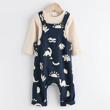 Load image into Gallery viewer, Navy Blue Dinosaur Jersey Baby Dungarees And Bodysuit Set (0mths-18mths)
