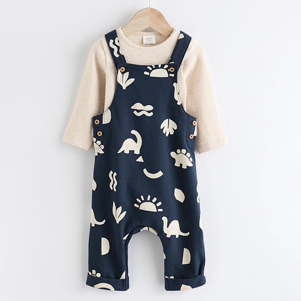 Navy Blue Dinosaur Jersey Baby Dungarees And Bodysuit Set (0mths-18mths)