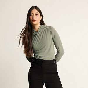 Khaki Green Wrap Neck Modal Rich Long Sleeve Top