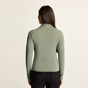 Khaki Green Wrap Neck Modal Rich Long Sleeve Top