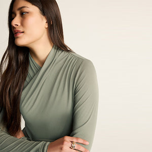 Khaki Green Wrap Neck Modal Rich Long Sleeve Top