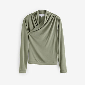 Khaki Green Wrap Neck Modal Rich Long Sleeve Top