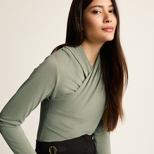 Khaki Green Wrap Neck Modal Rich Long Sleeve Top