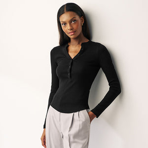 Black Ribbed Button Detail Long Sleeve Henley Top