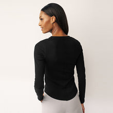 Load image into Gallery viewer, Black Ribbed Button Detail Long Sleeve Henley Top
