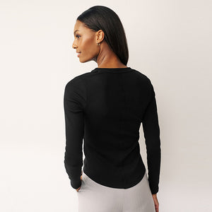 Black Ribbed Button Detail Long Sleeve Henley Top