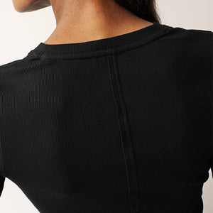 Black Ribbed Button Detail Long Sleeve Henley Top