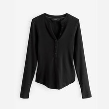 Load image into Gallery viewer, Black Ribbed Button Detail Long Sleeve Henley Top
