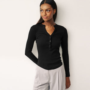 Black Ribbed Button Detail Long Sleeve Henley Top