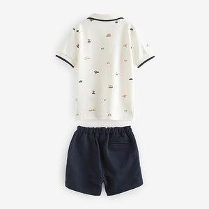 White 100% Cotton All Over Printed Polo Shirt And Shorts Set (9-12mths-5-6yrs)