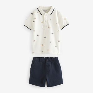 White 100% Cotton All Over Printed Polo Shirt And Shorts Set (9-12mths-5-6yrs)