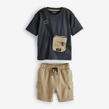 Load image into Gallery viewer, Tan Brown/Grey Utility Bumbag Short Sleeve T-Shirt &amp; Shorts Set (3mths-5-6yrs)
