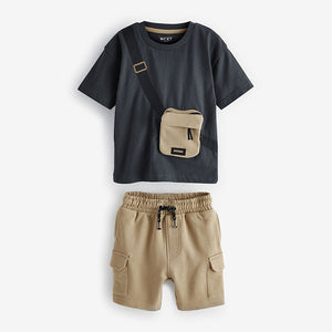 Tan Brown/Grey Utility Bumbag Short Sleeve T-Shirt & Shorts Set (3mths-5-6yrs)