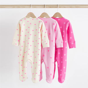 Pink/Cream Two Way Zip 100% Cotton Baby Sleepsuits 3 Pack (0-9-12mt)