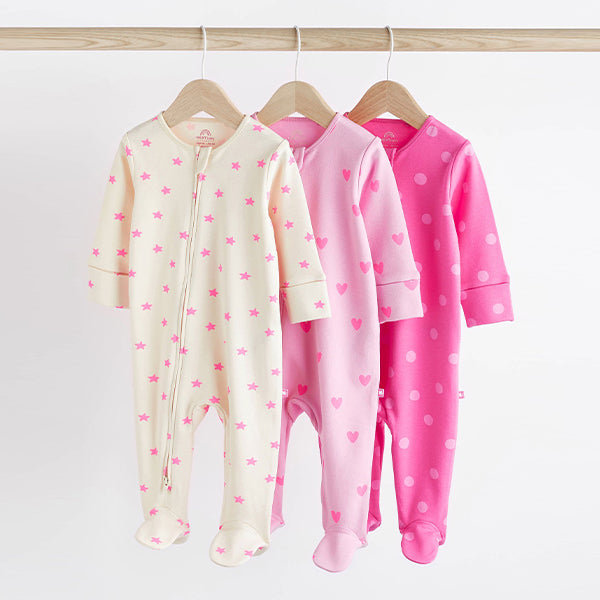 Pink/Cream Two Way Zip 100% Cotton Baby Sleepsuits 3 Pack (0-9-12mt)