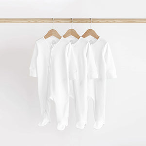 White Essential Zipped 100% Cotton Baby Sleepsuits 3 Pack