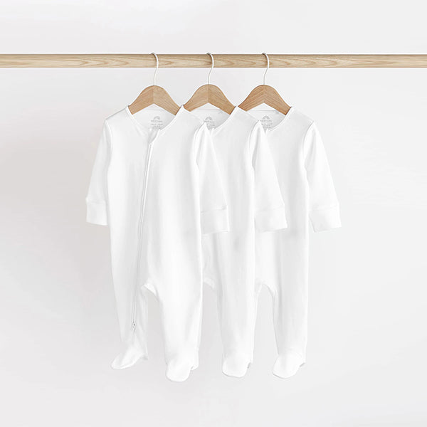 White Essential Zipped 100% Cotton Baby Sleepsuits 3 Pack