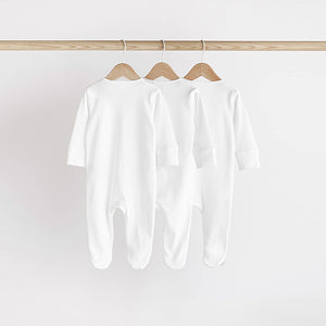 White Essential Zipped 100% Cotton Baby Sleepsuits 3 Pack