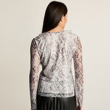 Load image into Gallery viewer, White Snake Print Long Sleeve Ruffle Front Mesh Top
