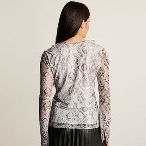 White Snake Print Long Sleeve Ruffle Front Mesh Top