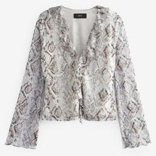 Load image into Gallery viewer, White Snake Print Long Sleeve Ruffle Front Mesh Top
