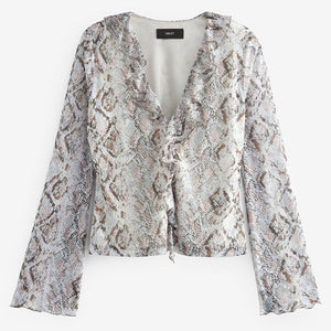 White Snake Print Long Sleeve Ruffle Front Mesh Top