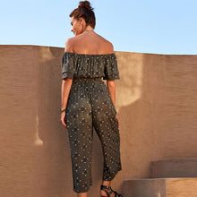 Load image into Gallery viewer, Khaki Green Woodblock Off Shoulder Wide Leg Jumpsuit
