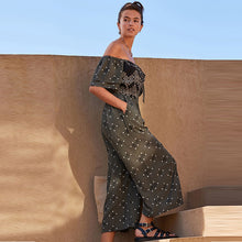 Load image into Gallery viewer, Khaki Green Woodblock Off Shoulder Wide Leg Jumpsuit
