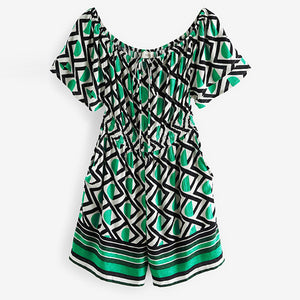 Green Geometric Off Shoulder Playsuit