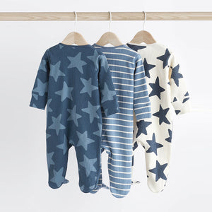 Navy Blue Star Baby 100% Cotton Zip Sleepsuits 3 Pack (0mths-12-18mt)