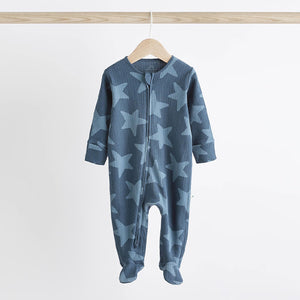 Navy Blue Star Baby 100% Cotton Zip Sleepsuits 3 Pack (0mths-12-18mt)