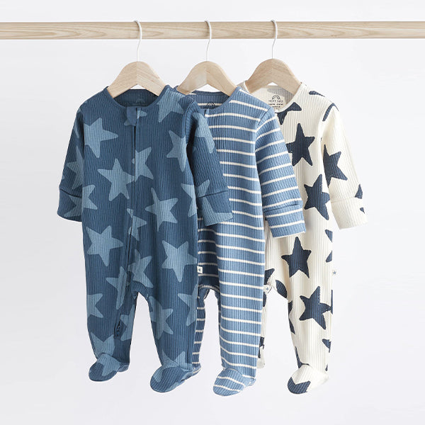 Navy Blue Star Baby 100% Cotton Zip Sleepsuits 3 Pack (0mths-12-18mt)