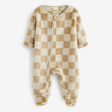 Load image into Gallery viewer, Neutral Checkerboard Baby Fleece Sleepsuit
