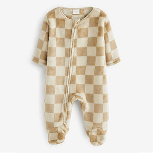 Neutral Checkerboard Baby Fleece Sleepsuit