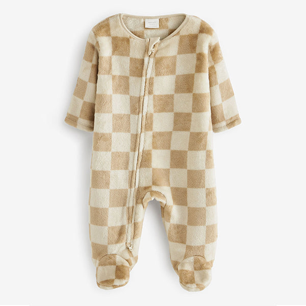 Neutral Checkerboard Baby Fleece Sleepsuit